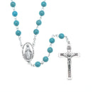 Catholic Town Rosary Necklace 8mm Blue Turquoise Beads with Miraculous Medal center piece and metal Crucifix cross ( ROSJST-BTUR )