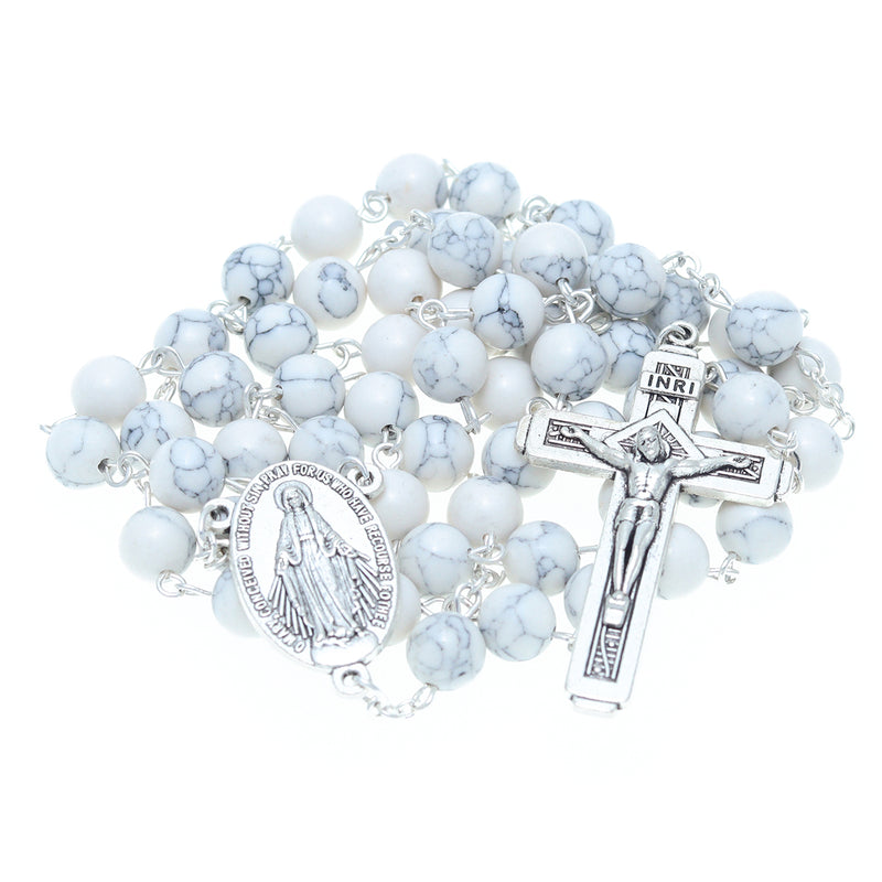 Catholic Jerusalem Rosary Necklace White Turquoise Beads Miraculous Medal & cross (ROSJST-WTUR)