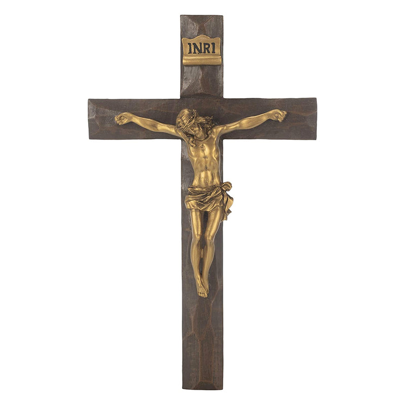 Jesus Crucifix Gold Tone and Natural Brown 12-inch Resin Stone Wall Cross (A-20302)