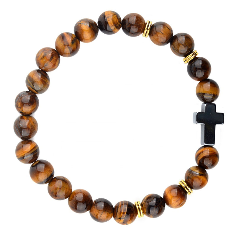Catholic Bracelet with 8mm Tiger eyes beads and Hematite cross ( CTBC-TE )
