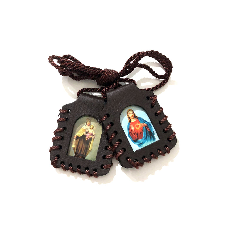 Sacred Heart of Jesus Christ and Our of Lady Mt C Leather Scapular (LSWCARD-BRN)