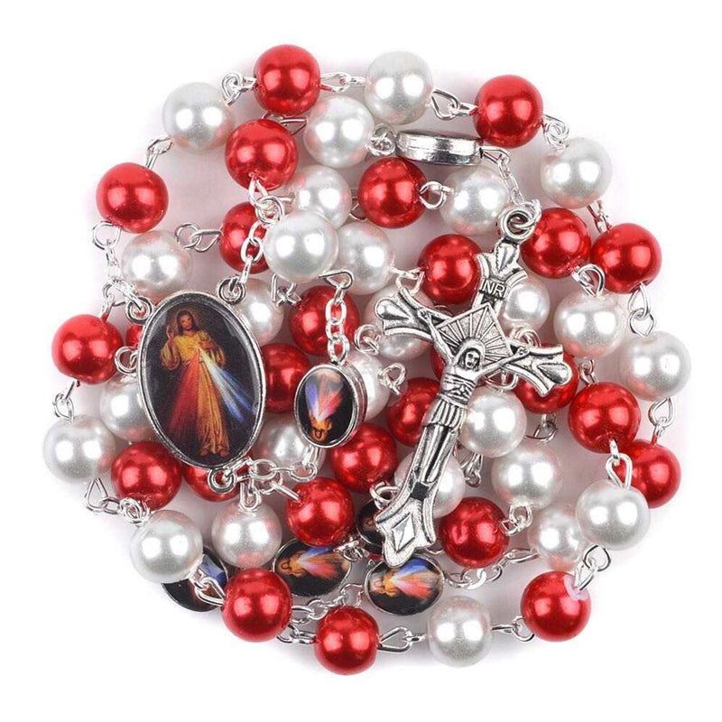 Catholic Rosary Necklace Divine Mercy Medal and Cross Crucifix  ( ROSGPDM-WR )