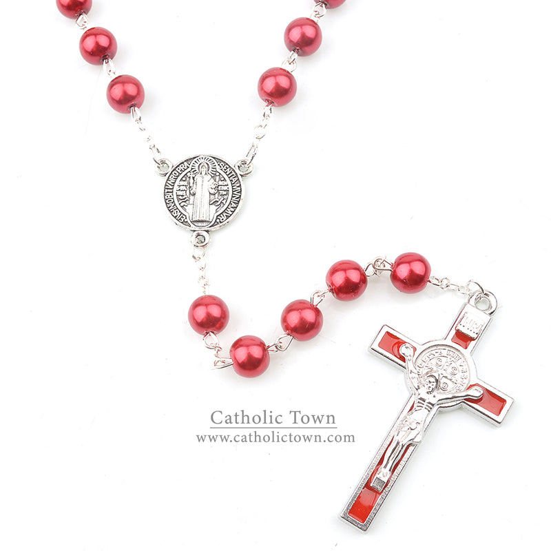 Catholic Town Bracelet With Saint Benedict Beads - 10mm Wood Beads & Crucifix, Stretch Fit (Black, Brown, Ivory, Red)