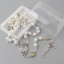 Catholic Town Rosary with Our Lady of Charity "Virgen de la Caridad del Cobre" center piece, 6mm pearl imitation beads and Jerusalem cross( ROSJCEMHB-WHT )