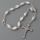 Catholic Town Auto Car Rearview Mirror Rosary with Mother of Pearl Beads, Jerusalem Holy Soil center piece and Crucifix cross ( ROSJHHSM-WHT )