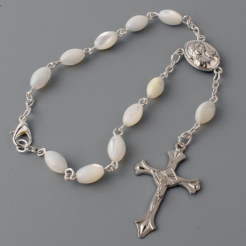 Catholic Auto Car Rearview Mirror Rosary Mother of Pearl Beads, Jerusalem Holy Soil Medal & Cross