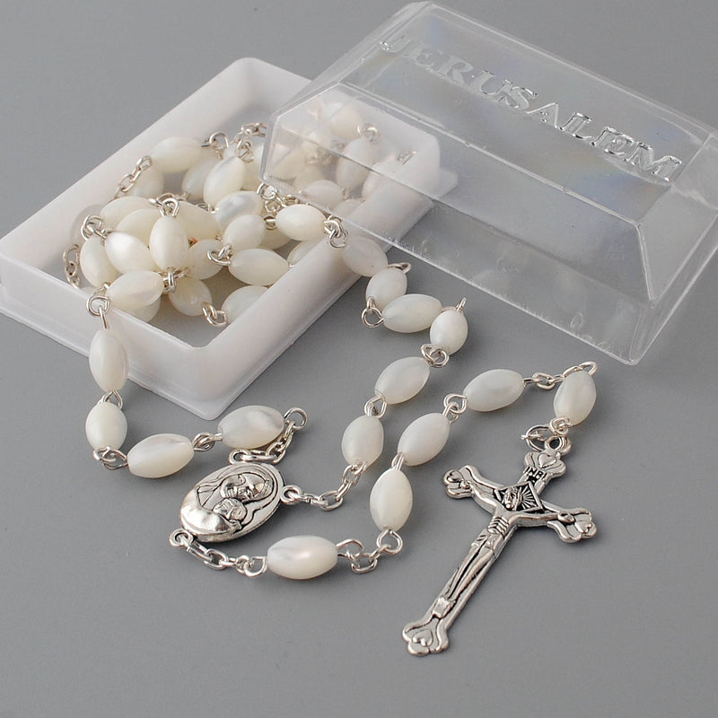 Amazon.com: Nazareth Store Pink Pearl Beads Rosary White Flowers Beaded  Necklace Lourdes Medal & Cross Crucifix: Clothing, Shoes & Jewelry