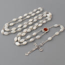 Catholic Town Rosary Necklace with oval Mother of Pearl Beads,  Jerusalem Holy Soil center piece and Cross Crucifix ( ROSJSHSM-WHT )