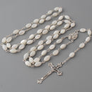 Catholic Town Rosary Necklace with oval Mother of Pearl Beads,  Jerusalem Holy Soil center piece and Cross Crucifix ( ROSJSHSM-WHT )
