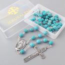 Catholic Town Rosary Necklace 8mm Blue Turquoise Beads with Miraculous Medal center piece and metal Crucifix cross ( ROSJST-BTUR )