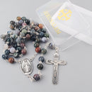 Catholic Town Rosary Necklace 8mm Indian Agate Beads with Miraculous Medal center piece and metal Crucifix cross ( ROSJST-IA )