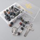 Catholic Town Rosary Necklace 8mm Indian Agate Beads with Miraculous Medal center piece and metal Crucifix cross ( ROSJST-IA )