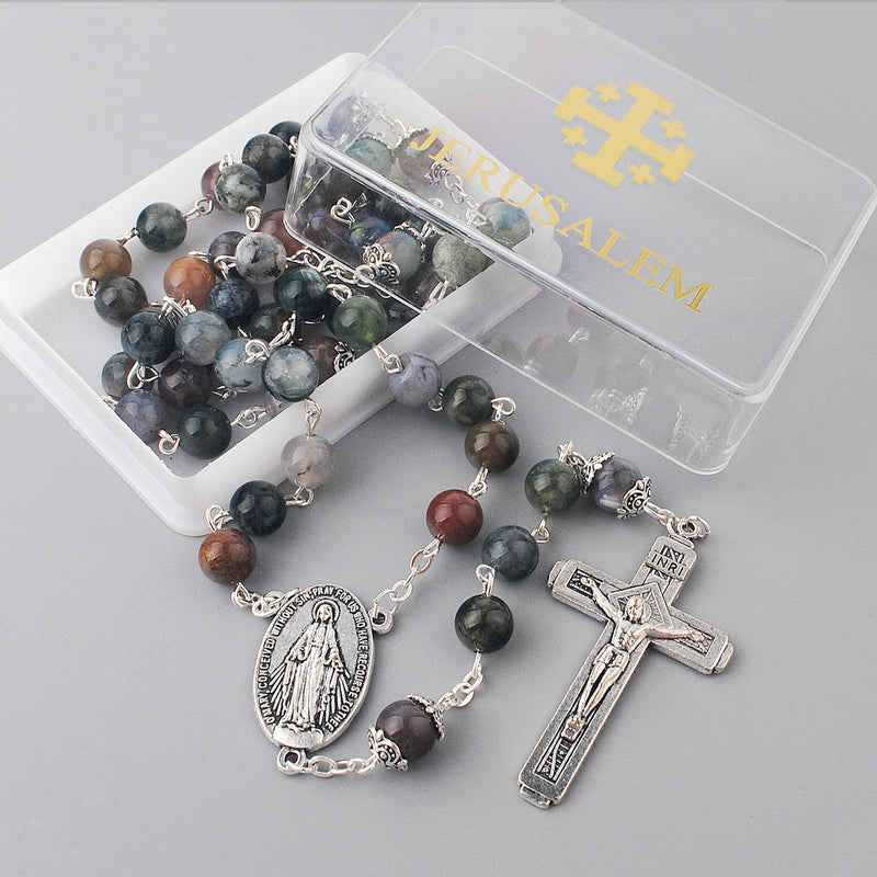 lic Jerusalem Rosary Necklace Indian Agate beads Miraculous Medal and Cross ( ROSJST-IA )