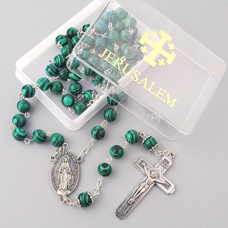 Catholic Jerusalem Rosary Necklace Malachite Beads Miraculous Medal & cross (ROSJST-MAL)