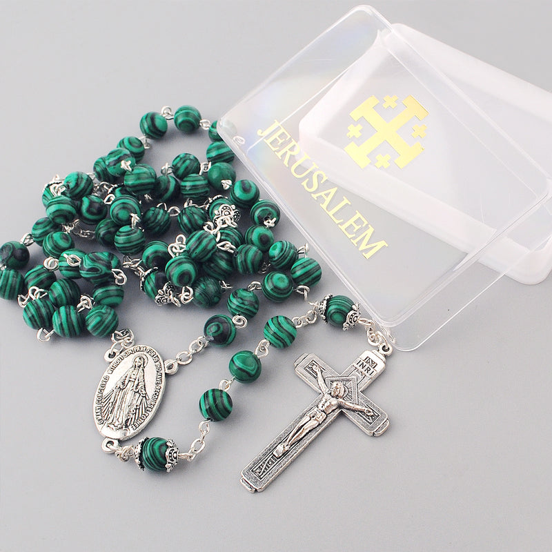Catholic Jerusalem Rosary Necklace Malachite Beads Miraculous Medal & cross (ROSJST-MAL)
