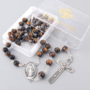 Catholic Town Rosary Necklace 8mm Tiger Eye Beads with Miraculous Medal center piece and metal Crucifix cross ( ROSJST-TE )