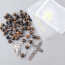 Catholic Town Rosary Necklace 8mm Tiger Eye Beads with Miraculous Medal center piece and metal Crucifix cross ( ROSJST-TE )