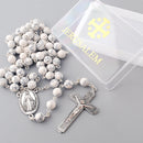 Catholic Town Rosary Necklace 8mm White Turquoise Beads with Miraculous Medal center piece and metal Crucifix cross ( ROSJST-WTUR )