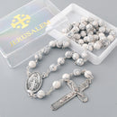 Catholic Town Rosary Necklace 8mm White Turquoise Beads with Miraculous Medal center piece and metal Crucifix cross ( ROSJST-WTUR )