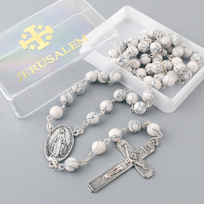 Catholic Jerusalem Rosary Necklace White Turquoise Beads Miraculous Medal & cross (ROSJST-WTUR)