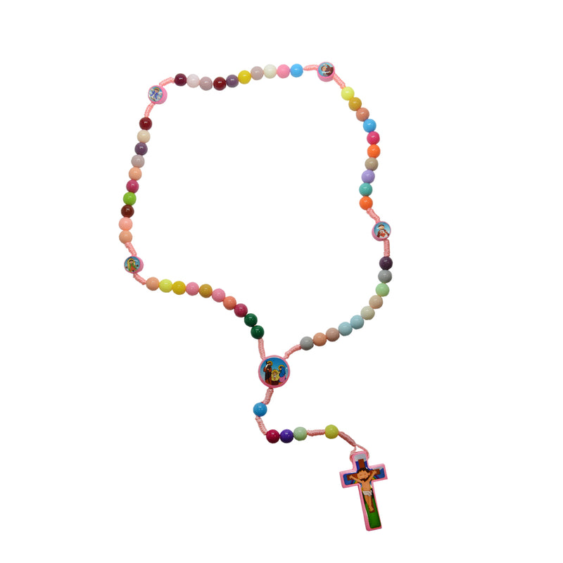 Saint Multi Color Prayer Beads with Nativity Center 15" Cord Rosary for Kids (ROSKIDS-PNK)