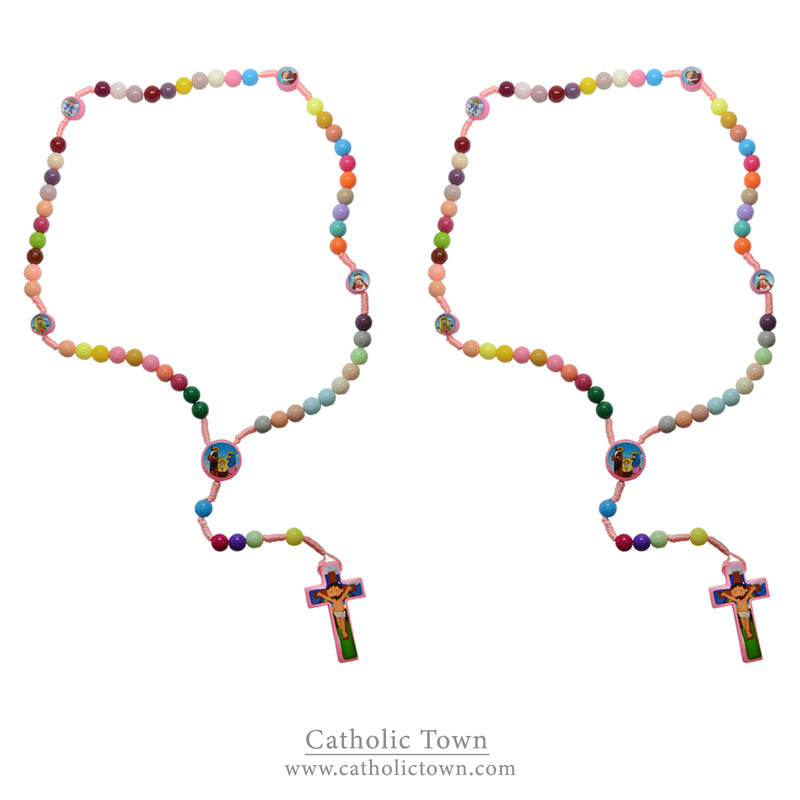 Saint Multi Color Prayer Beads with Nativity Center 15" Cord Rosary for Kids (ROSKIDS-PNK)