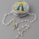 Catholic Town Rosary Necklace with Our Lady of Charity "Virgen de la Caridad del Cobre" center piece, Cross Crucifix and metallic box (Available in Red, White, Clear and Yellow colors )