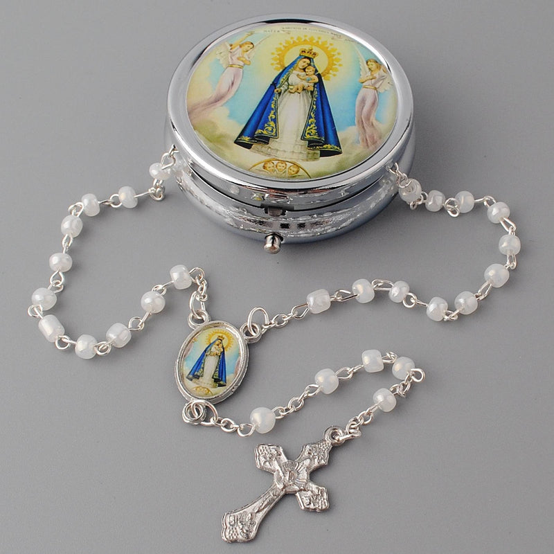 Catholic Rosary Necklace with Virgen de la Caridad del Cobre Medal, Cross Crucifix and metal box