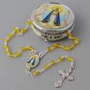Catholic Town Rosary Necklace with Our Lady of Charity "Virgen de la Caridad del Cobre" center piece, Cross Crucifix and metallic box (Available in Red, White, Clear and Yellow colors )