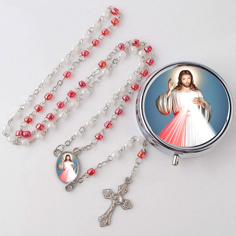 Catholic rosary set with Divine Mercy rosary and metallic rosary box ( ROSMIRDM-WR )