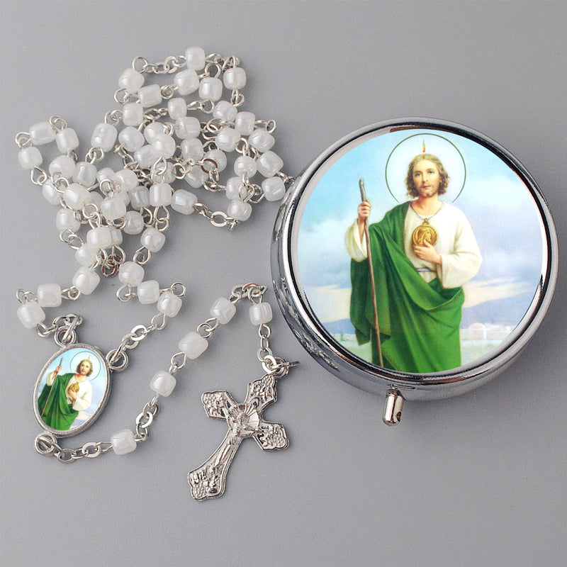 Catholic rosary set with St Jude rosary and metallic rosary box ( ROSMIRSJ-WHT )
