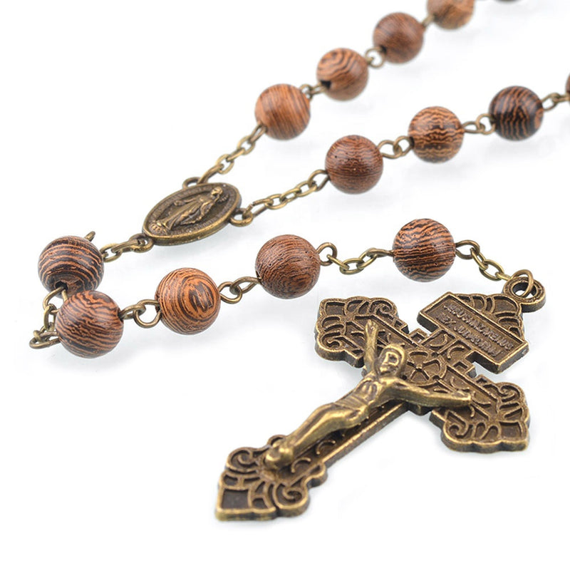 Catholic antique bronze rosary Virgin Mary center piece and pardon crucifix ( ROSMNWW-BRN )