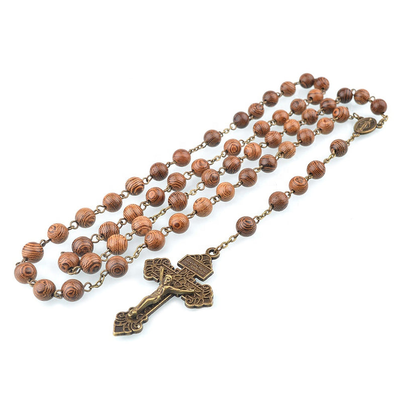 Catholic antique bronze rosary Virgin Mary center piece and pardon crucifix ( ROSMNWW-BRN )