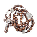 Catholic Town rosary with oval Wooden brown beads and St Benedict centerpiece, Handmade ( ROSSBW-BRN )