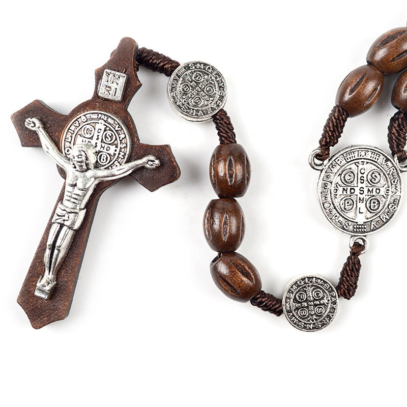 Catholic St Benedict rosary oval Wooden brown beads Handmade ( ROSSBW-BRN )