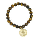 Catholic Town Virgen de la Caridad del Cobre Religious Catholic Bracelet with Stainless Steel Medal and Tiger eyes beads (SSBCM-BG)