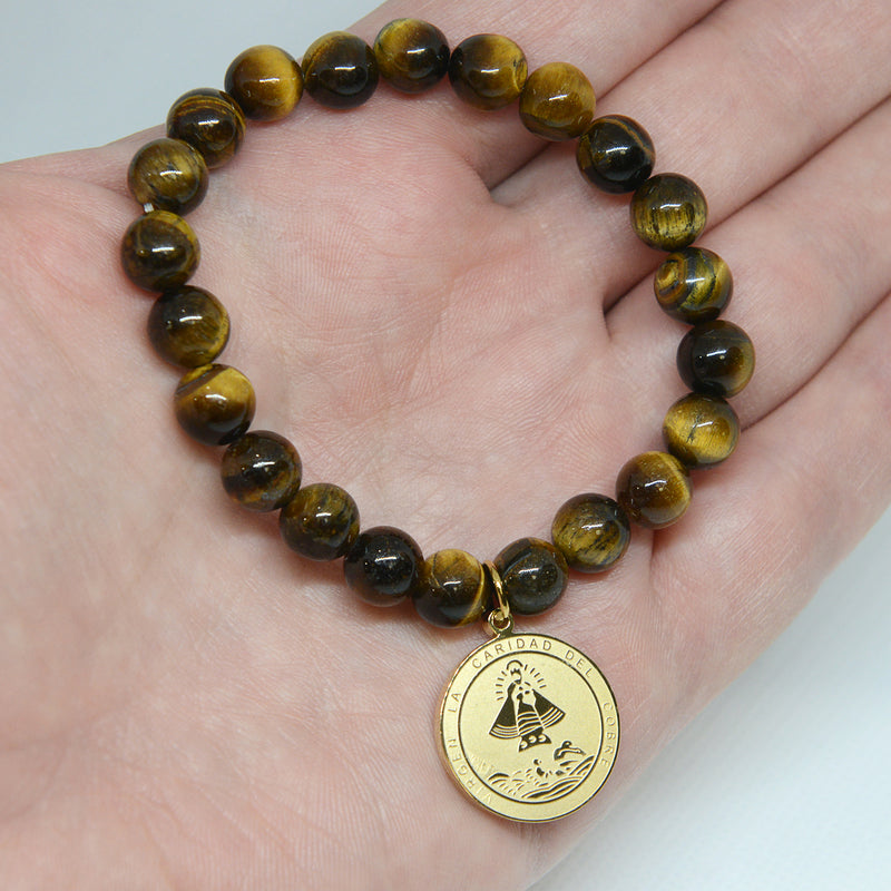 Virgen de la Caridad del Cobre Religious Catholic Bracelet with Stainless Steel Medal and Tiger eyes beads (SSBCM-BG)