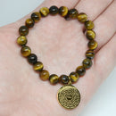 Catholic Town Virgen de la Caridad del Cobre Religious Catholic Bracelet with Stainless Steel Medal and Tiger eyes beads (SSBCM-BG)