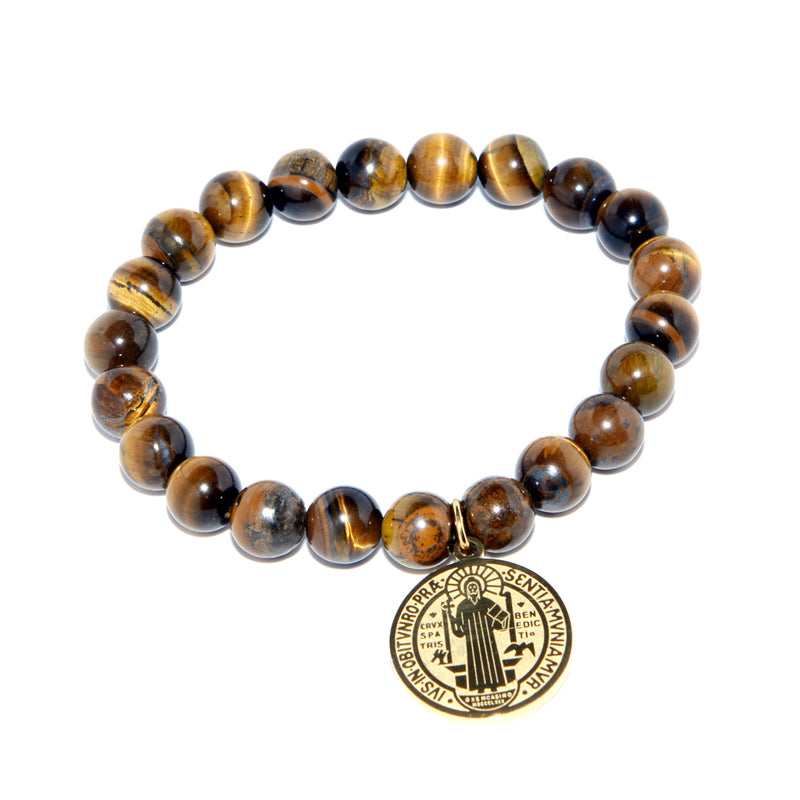 Catholic Town Bracelet with Stainless Steel St Benedict medal and 8mm Tiger eyes beads (SSBSB-BWG)