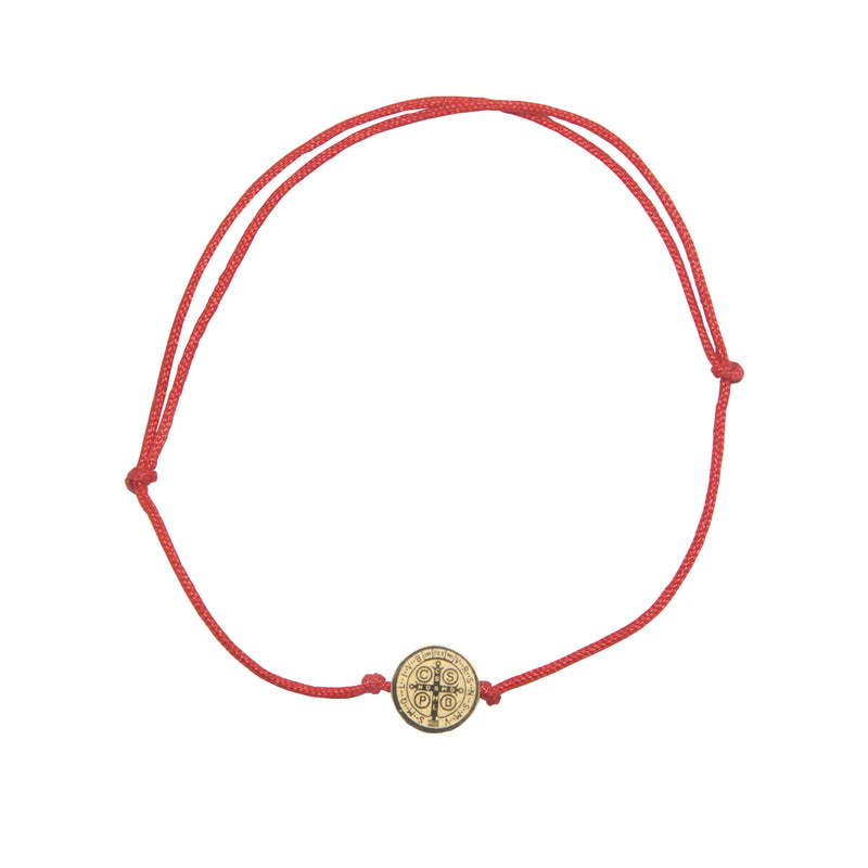 Catholic Town St Benedict inspirational adjustable red cord bracelet, available with Gold or Silver medals