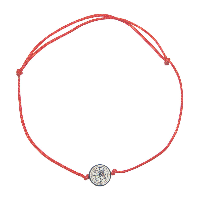 Saint Benedict Catholic inspirational adjustable red cord bracelet, available with Gold or Silver medals