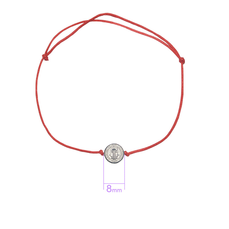 Catholic Town St Benedict inspirational adjustable red cord bracelet, available with Gold or Silver medals