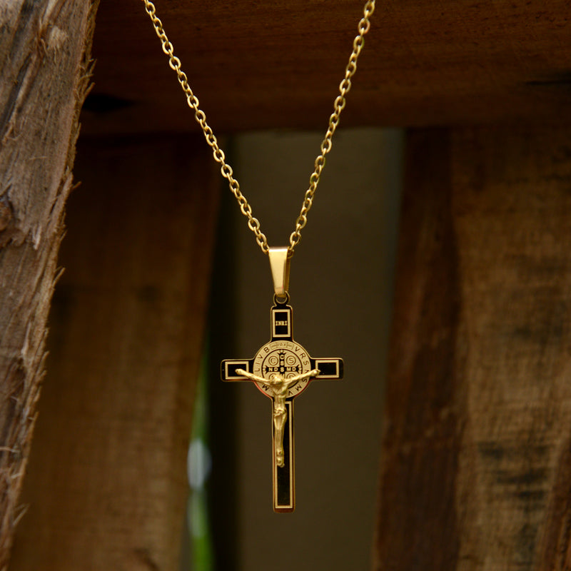 Catholic Saint Benedict Crucifix Pendant Stainless-Steel metal Available in Gold and Silver colors