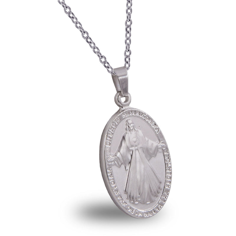 Divine Mercy and Sacred Heart of Jesus Double Sided Oval catholic pendant with chain (SSPJESUS30MCH-G)
